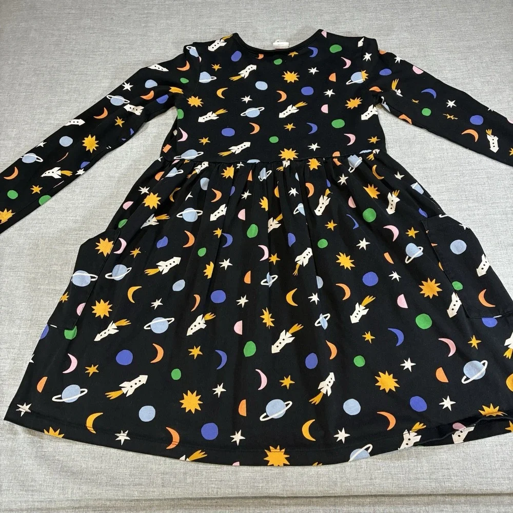 Hanna Andersson Black Space Twirl Dress Rocket, Planets, Stars Girls size 12